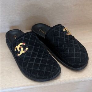 CHANEL Black Suede Quilted Clogs 39